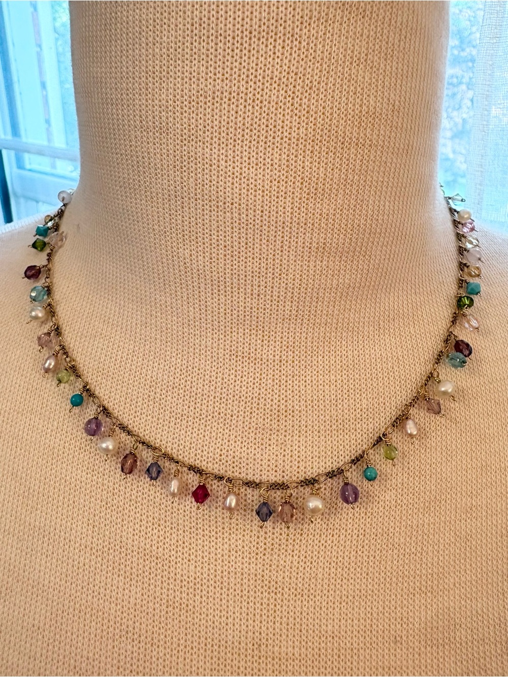 Multi-Color Gemstone and Pearl Fringe Gold Tone Necklace - Women's Jewelry